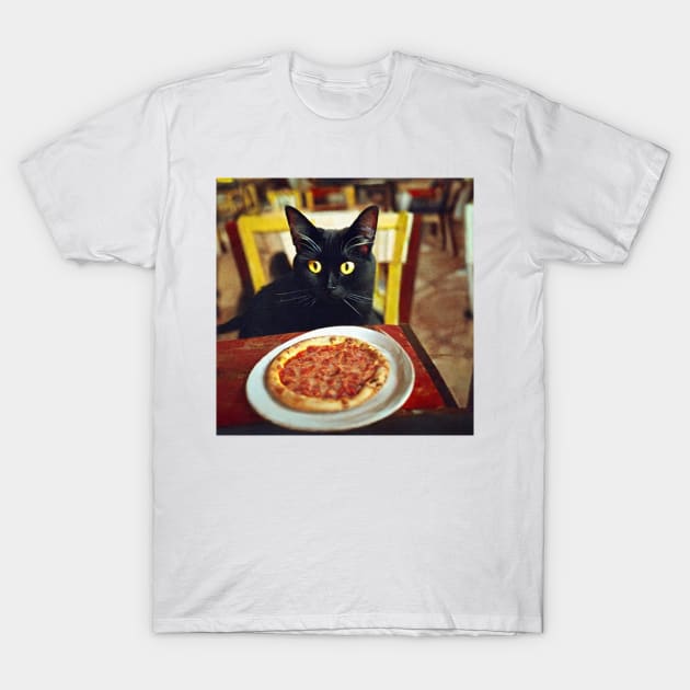 Black Cat Eating Pizza T-Shirt by Brian Free Artwork